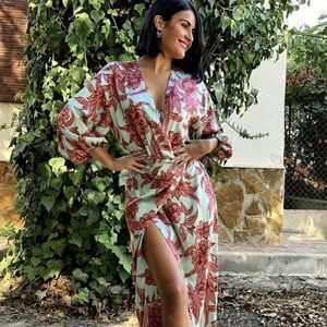 Zara Floral Midi Dress in Green and Pink